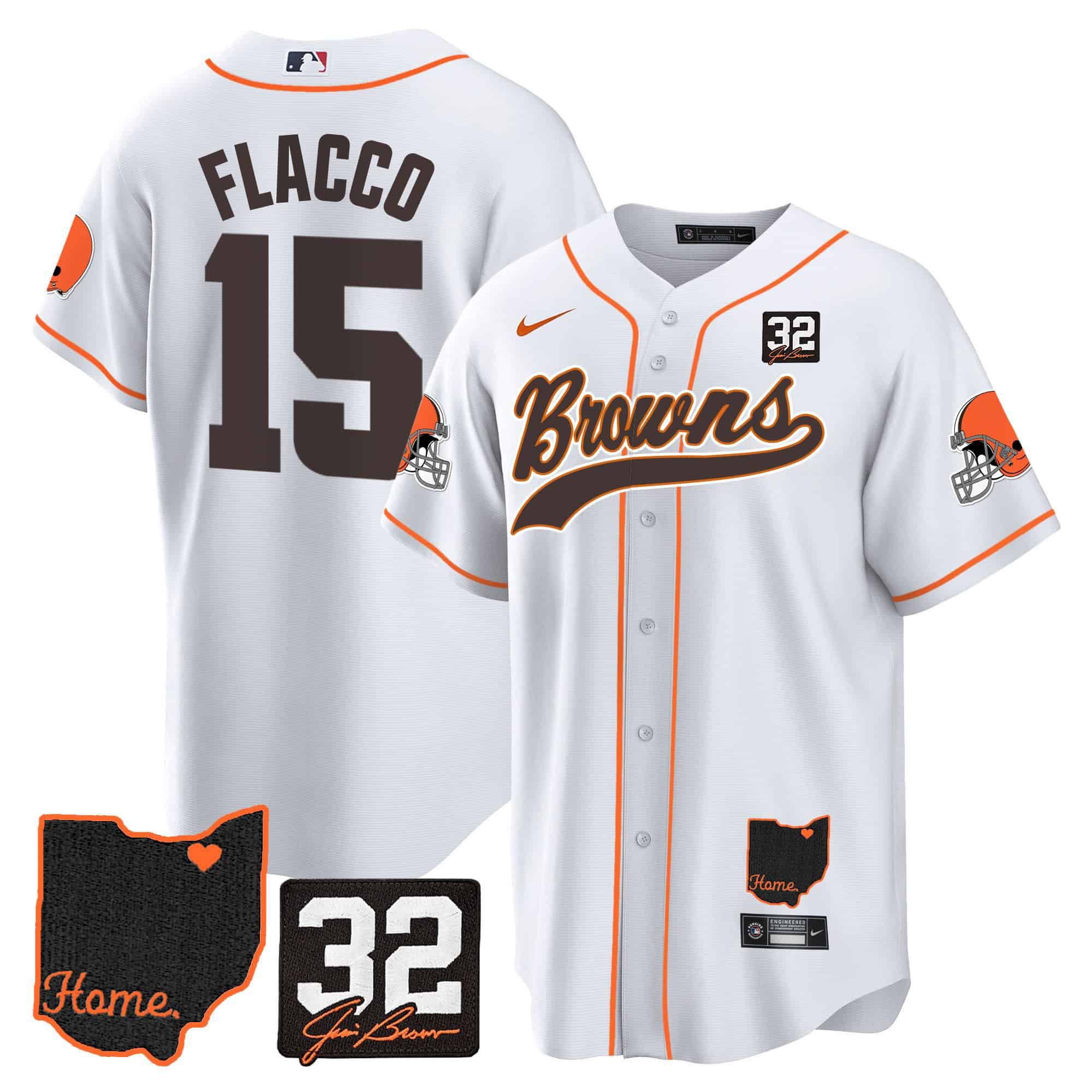 Men Cleveland Browns 15 Flacco White Memorial Home Patch Baseball 2024 Nike NFL Jersey